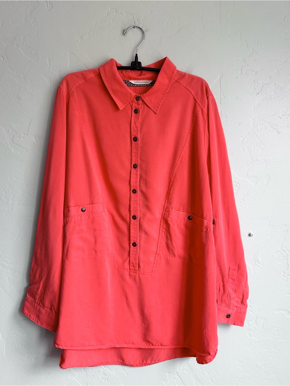 Soft Surroundings Women Coral Orange Button-Front Popover Tunic Top size 1X EUC